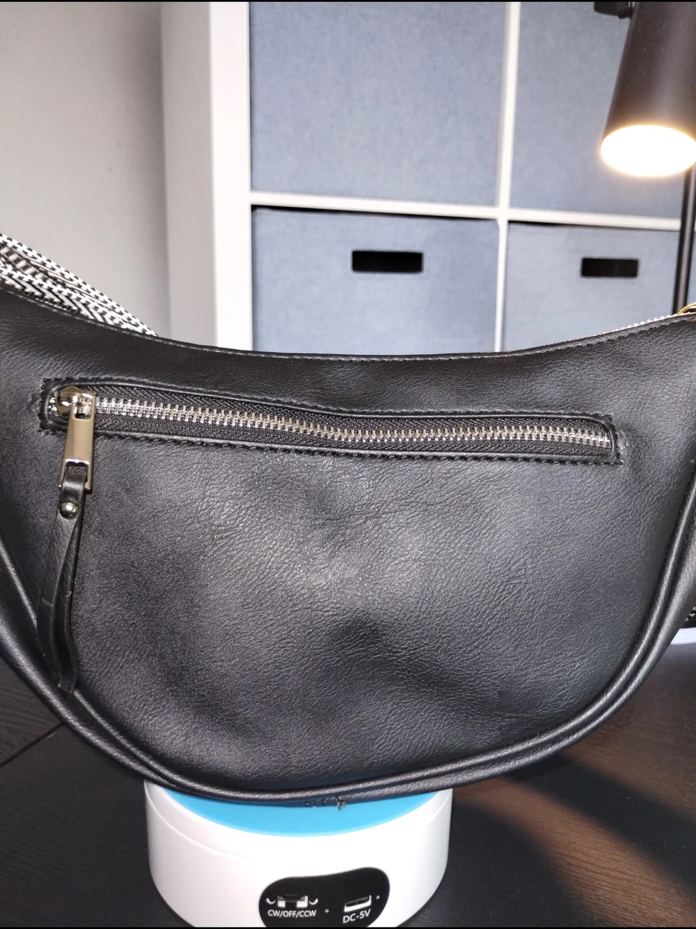 Black Vegan Leather Shoulder Bag with Patterned Strap